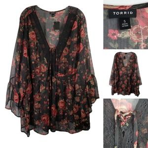 Torrid Womens Plus Size 5X Red Black Rose Lace Blouse Short Sleeve Tunic Top